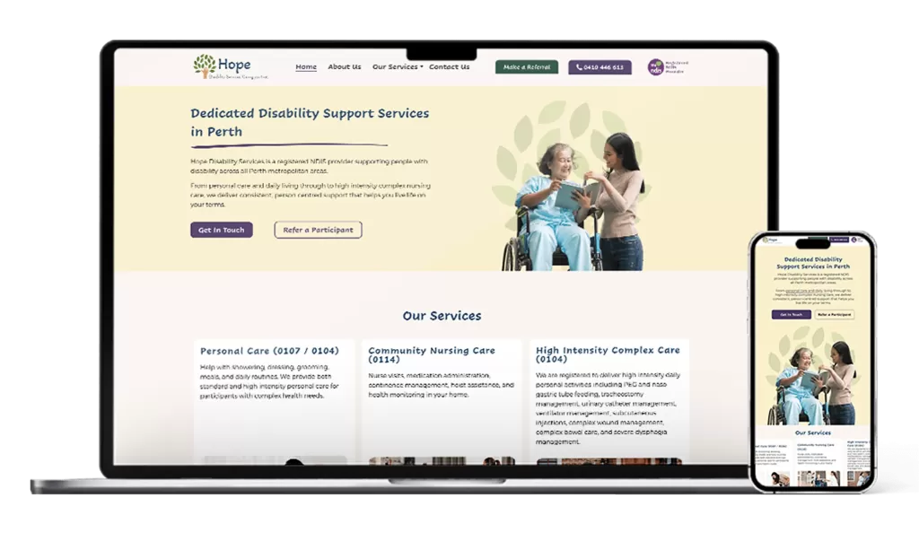 Hope Disability Services website mobile responsive view