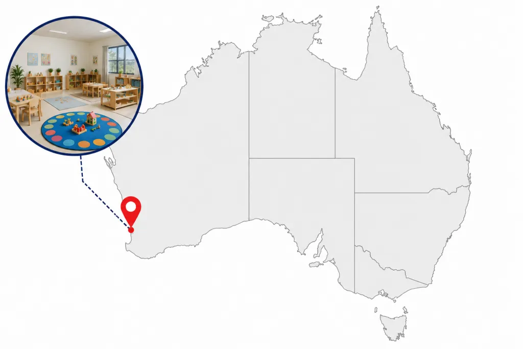 Map of Perth suburbs served by BuzzPilot childcare marketing including Joondalup, Rockingham and Fremantle